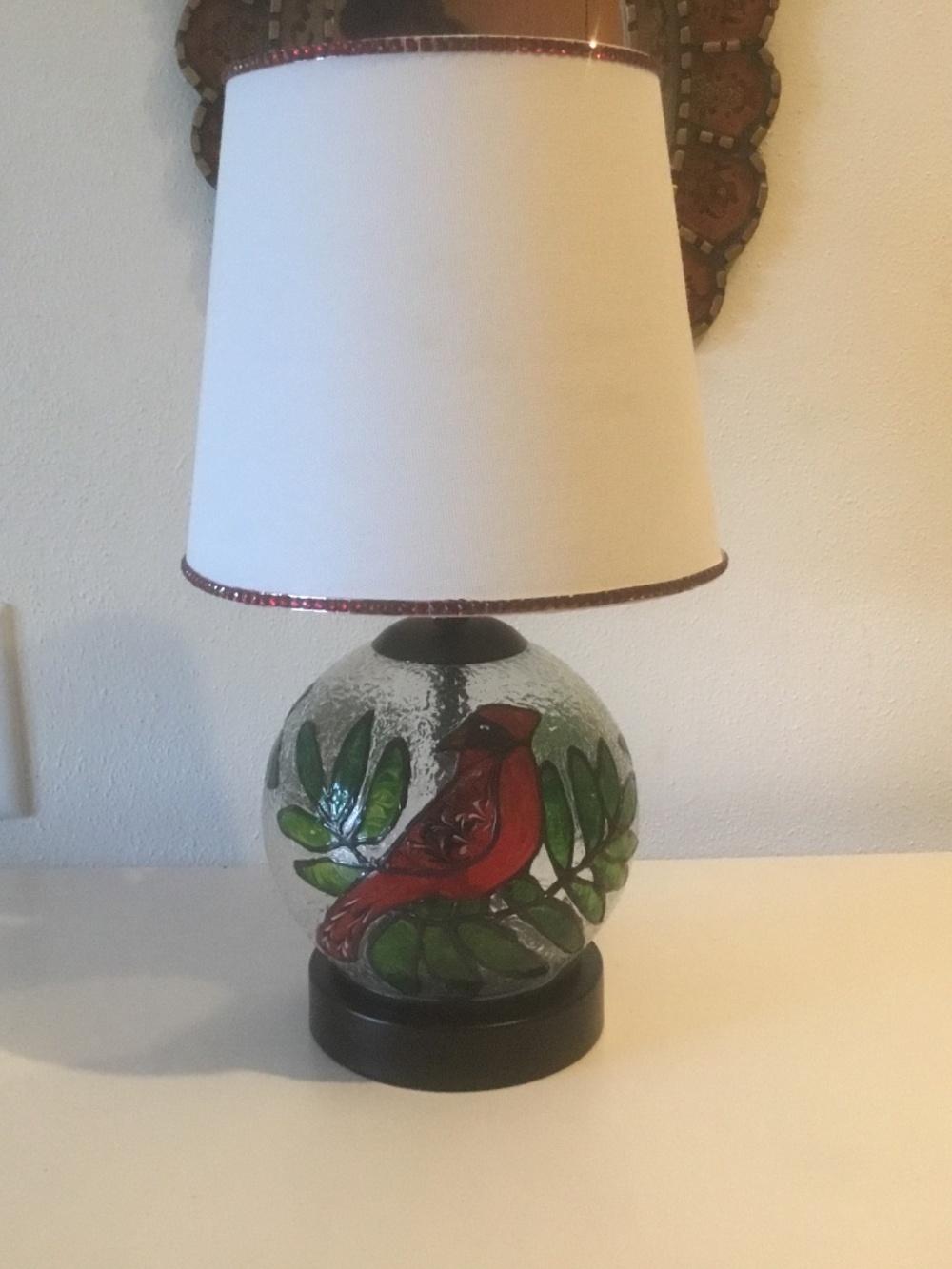 Rustic Cardinal Handcrafted painted stained glass accent lamp